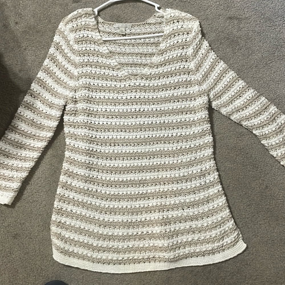 Classy, comfortable sweater beige, and white striped